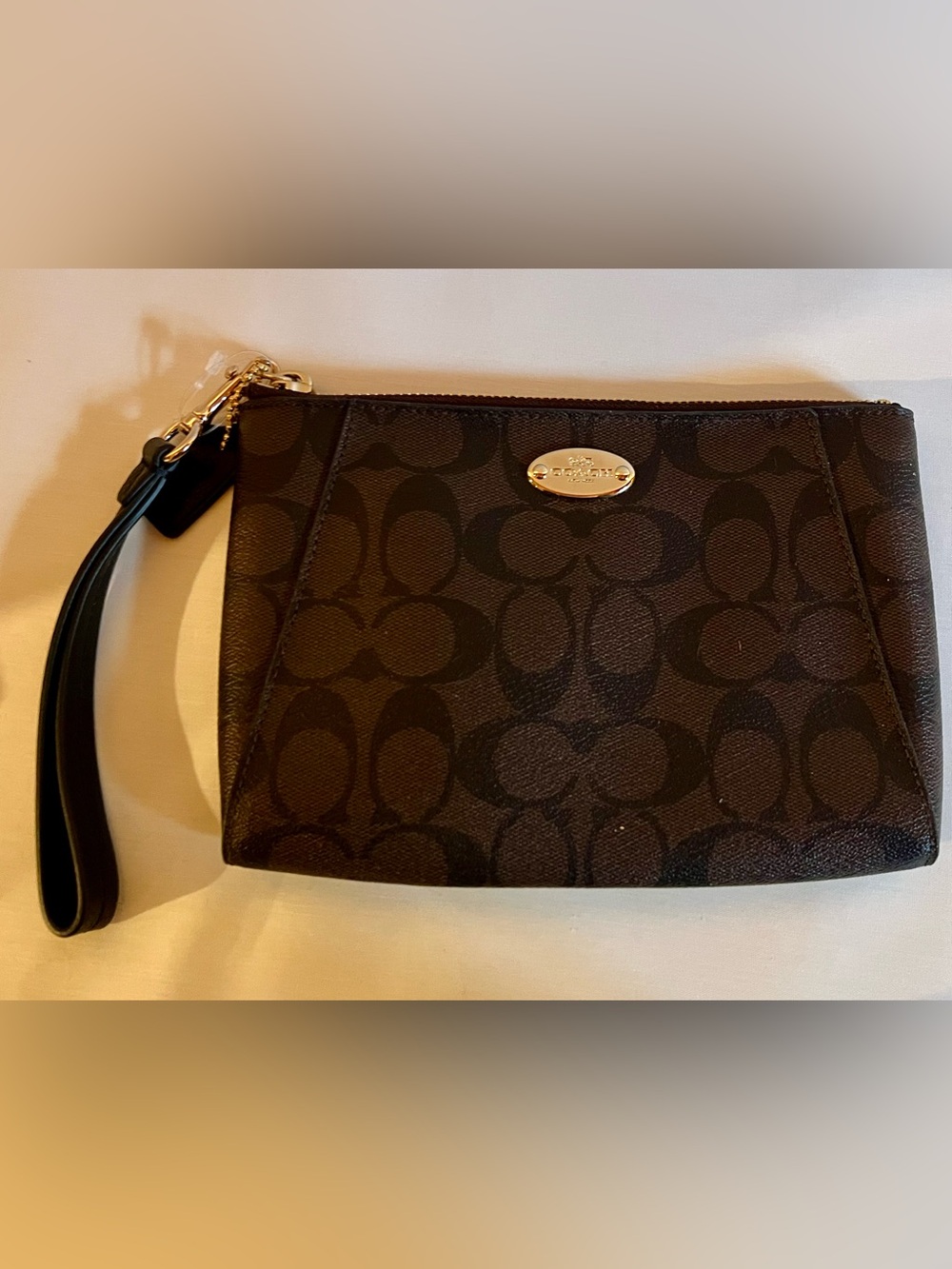 Coach Brown/Black Signature Wristlet Clutch with Gold Plaque